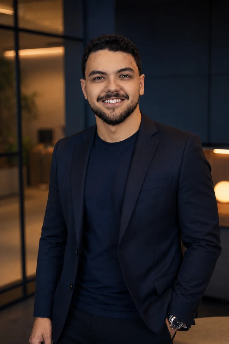 Matheus Augusto em retrato executivo usando blazer azul-marinho